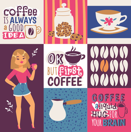 Coffee addiction vector illustration. Cute cartoon female coffee lover with a cup of drink. Coffee is always a good idea. Ok, but first coffee. Coffee a liquid huf for your brain.のイラスト素材