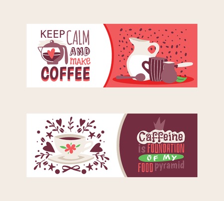 Coffee addiction banners vector illustration. Keep calm and make coffee. Coffeine is foundation of my food pyramid. Glass jar with milk, pot, mug and spoon surrounded by coffee beans banners.のイラスト素材