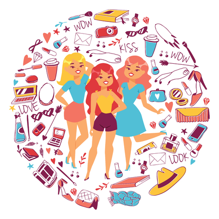 Various types of clothes and accessories for girls vetor illustration. Cartoon female characters with woman stuff. Cosmetics toiletry bags shoes glasses, gadgets, magazines, envelope, watch.のイラスト素材