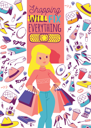 Accessories and shoes for young girls vetor illustration. Woman stuff banner, poster. Shopping will fix everything. Cute girl with shopping bags. Cosmetics, toiletry, bags, shoes, sunglasses, gadgets.のイラスト素材