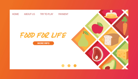 Food vector landing page meal vegetables fruits and fish sausages on web-site of supermarket or grocery illustration backdrop set of web-pages daily products background.のイラスト素材