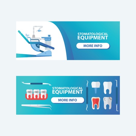 Dental, stomatological equipment set of banners vector illustration. Dentistry technology products, office professional tools, medical supplies. Cavities in teeth. Health and care.のイラスト素材