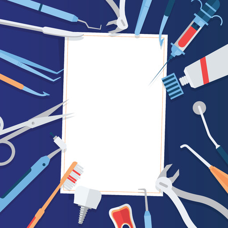 Stomatological equipment banner, poster, brochure vector illustration. Dentistry technology products, professional tools, medical supplies. Healthy teeth. Toothpaste, brush Dental careのイラスト素材