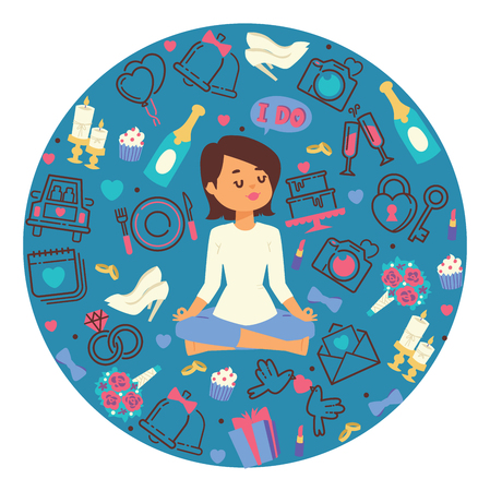 Wedding banner vector illustration. Bride meditating in lotus pose. Woman doing yoga and getting calm. Accessories for celebration. Cake, engagement rings, champagne, camera, flowers.のイラスト素材