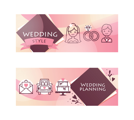 Wedding day party for just married couple horizontal banners set vector illustration. Wedding planning and style with Bride and groom ring, car just married, cake, romantic letter, flowers.のイラスト素材