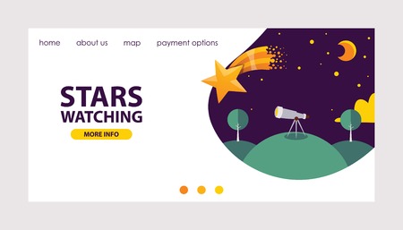 Stars in different styles website design vector illustration. Watching stars. Telescope on hill under sky. Shining stars in night sky. Astronomical and celestial site with options.のイラスト素材