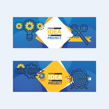 Outline strategy icons banners vetor illustration. Light bulb with gears and cogs working together. From idea to project. Achieving success. Reaching goals. Rotating mechanism.のイラスト素材
