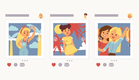 Selfie girl vector beautiful woman character photographing herself on smartphone camera illustration set of backdrop fashion female girlie person holding mobile phone for photo background.のイラスト素材