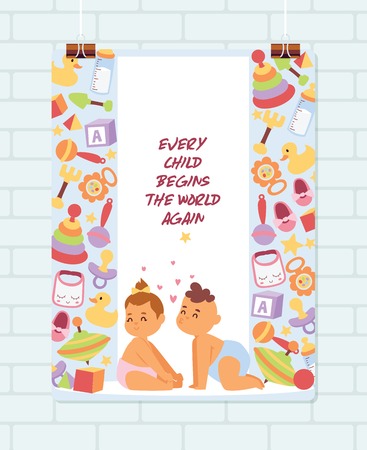 Baby shower vector cartoon kids newborn character boy girl playing with toys in playroom baby-shower banner backdrop children in love illustration on white background.のイラスト素材