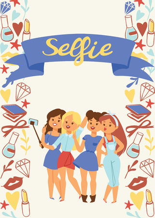 Selfie girl vector beautiful woman character photographing herself on smartphone camera illustration backdrop of fashion female girlie person holding mobile phone for photo background.のイラスト素材