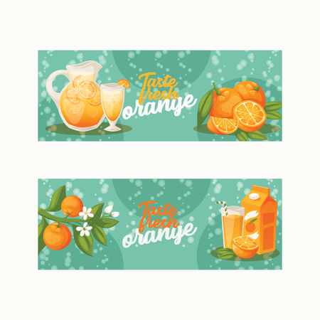 Citrus vector fresh orange fruit backdrop tropical juicy drinks in jar and organic food badge illustration set background fruity banner with orange-tree leaves.のイラスト素材