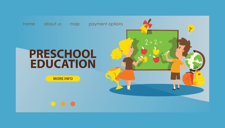 School supplies vector landing web page boy girl character kids education schooling accessory for schoolchild backdrop children studying in classroom illustration educational web-page backgroundのイラスト素材