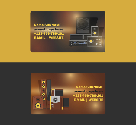 Sound system vector business card audio acoustic equipment stereo technology for playback dj music sound-record with headphones backdrop illustration electronic bass studio background business-card.のイラスト素材