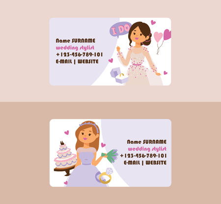 Wedding vector business card bridesmaid woman character in wedding dress wearing bridal dressing accessories illustration backdrop of bride girl celebrating marriage business-card background.のイラスト素材