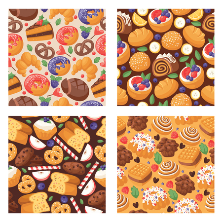 Pastry vector seamless pattern baked cake cream cupcake and sweet confection dessert with caked candies illustration backdrop confected donut with chococream and sweets background.のイラスト素材