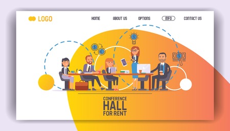 Business people vector web page team of professional people work in office and businessmen working in teamwork together or meeting with workers characters background illustration web-site.のイラスト素材