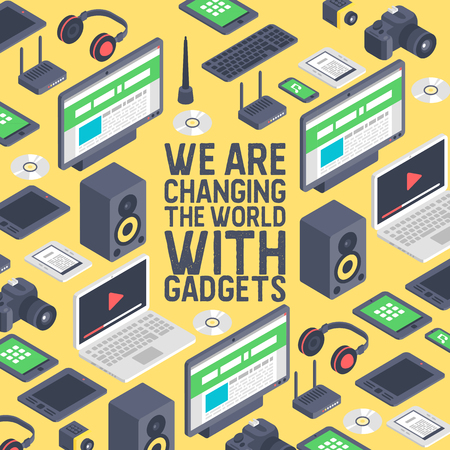 Gadget seamless pattern vector digital device with display of laptop tablet camera isometric illustration backdrop of electronic equipment virtual headset smartphone headphone background.のイラスト素材