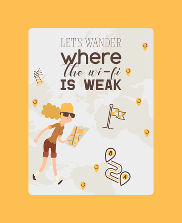 Navigation vector woman traveler character traveling by map road location gps sign illustration backdrop direction icons route street pin marker background design navigator.のイラスト素材