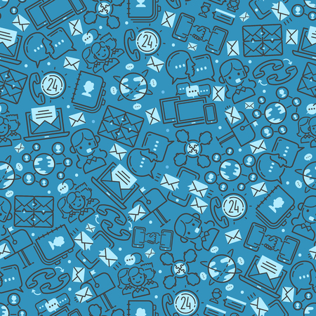 Call center seamless pattern vector people operator in headset man woman character working in call-office to support customers illustration backdrop of business outline icons background.のイラスト素材