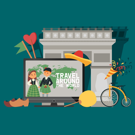 Traveling vector travel around the world people characters in traditional ethnic costume national dress sightseeing illustration culture backdrop of international multicultural friendship background.のイラスト素材