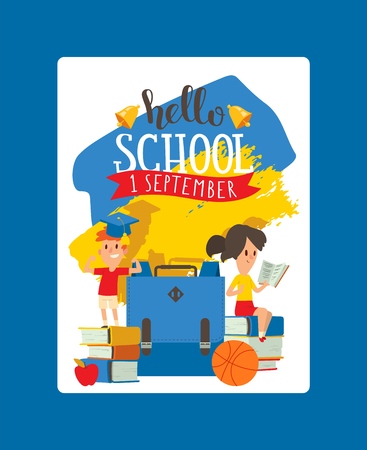 School vector schoolchild charcater boy girl with education schooling supplies accessory backpack bag backdrop children educational stationery for studying in classroom illustration backgroundのイラスト素材