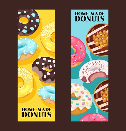 Donut vector doughnut food glazed sweet dessert with sugar chocolate in bakery illustration backdrop set of colorful backed dough with icing background bannerのイラスト素材