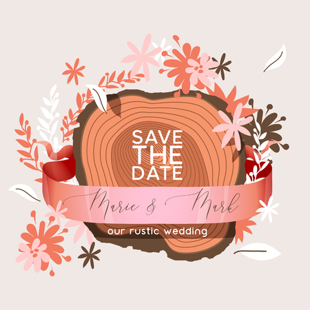 Vector wedding invitation card Save the date suite flower templates marriage wood lettering print layout design illustration.のイラスト素材