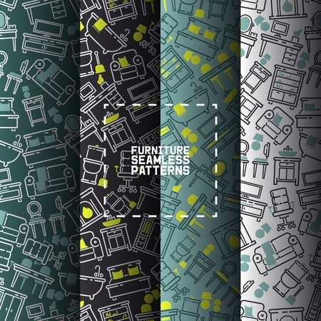 Furniture seamless pattern vector furnishings design of living-room backdrop furnished interior in apartment sofa table arm-chair to furnish room illustration backgroundのイラスト素材