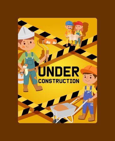 Under construction vector constructor children builder character building construction design illustration backdrop of worker contractor kid buildup constructively background banner.のイラスト素材