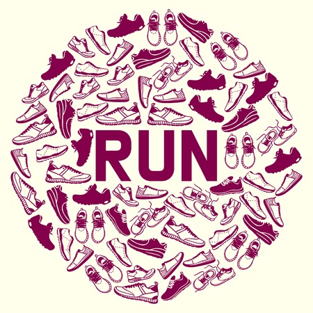 Run faster lettering poster running shoes vector sneakers or trainers with text signs for typography illustration set of runners inscriptions go run footwear silhouette flyer. Motivation concept.のイラスト素材