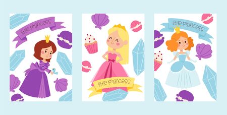 Little princess girls in evening gowns banner vector illustration. Elegant little female characters...