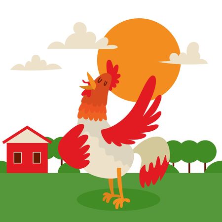 Rooster Singing Or Performing Song On Country Land Background