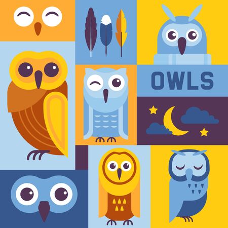 Owls Banner Vector Illustration Cute Cartoon Wise Birds With