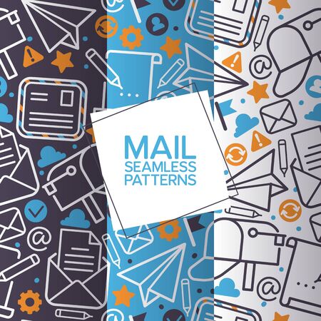 Email icons set of seamless patterns. Vector mail elements letter, envelope, stamp, post box, package, pencil. Paper plane sign. Reloading, received and problem icons design.のイラスト素材