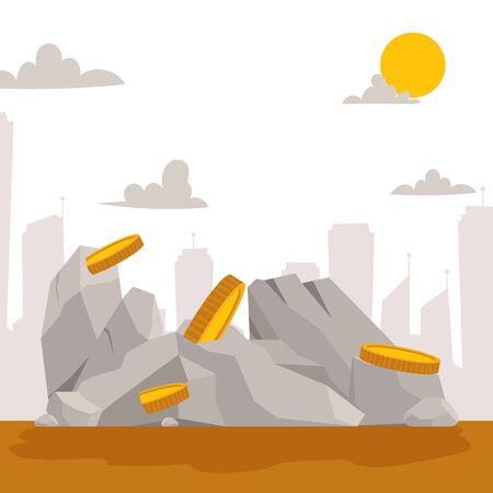 Building Stones With Golden Coins Cartoon Flat Banner Stones And