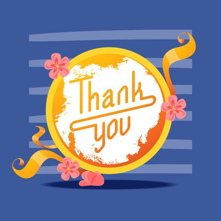 Lettering thank you in round frame banner vector illustration. Beautiful greeting card calligraphy golden text words with flowers and ribbons on dark background. Print design flyers, brochures.のイラスト素材