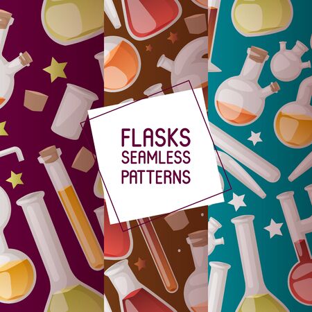 Flasks set of seamless patterns vector illustration. Different laboratory glassware and liquid for analysis, test tubes with orange, yellow and red liquid. Chemical and biological experiments.のイラスト素材