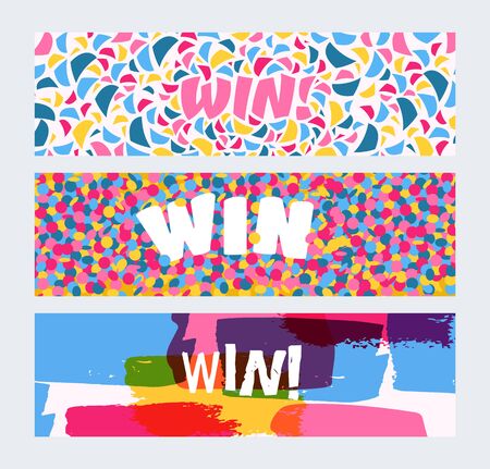 Win sign with bright confetti, watercolor brush strokes set of banners vector illustration. Congratulations winner in championship. Victory header with shapes. Success design. First place. Get prize.のイラスト素材