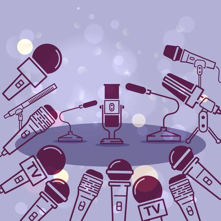 Special breaking news on TV banner vector illustration. Journalism concept. Live speech. Music recording. Modern wireless microphone for press and mass media. Interviews.のイラスト素材