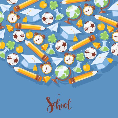 School stationary banner, poster vector illustration. Kids education equipment. School supplies, colorful office accessories such as football, globe, bell, pencil, apple.のイラスト素材