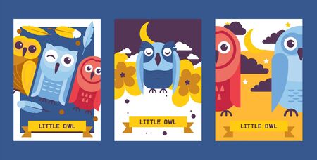 Owl birthday cards vector illustration. Cute cartoon wise birds with wings of different color for invitations and celebration party. Feathers and flowers. Night sky with moon, stars and clouds.のイラスト素材