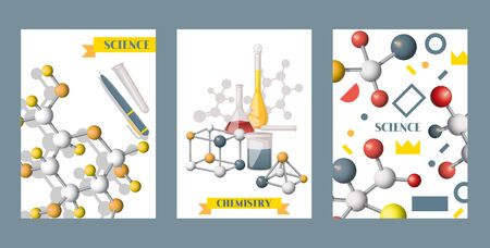 Chemistry supplies set of cards, posters vector illustration. Laboratory equipment such as microscope, flasks with liquid, molecule shapes. Pile of books. Biology medicine scientific researches.のイラスト素材