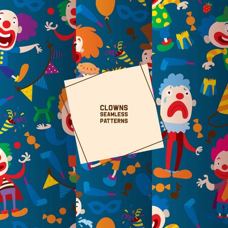 Funny clowns characters and different circus accessories seamless pattern. Character cartoon clown, comedian and jester performance in costume vector illustration. Laughing, sad faces. Sweet, present.のイラスト素材