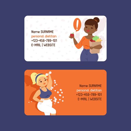 Personal dietitian set of business cards vector illustration. Obesity concept. Healthy diet nutrition. Consultation, weight loss, natural vegetables food and physical exercises. Woman with dumbbells.のイラスト素材