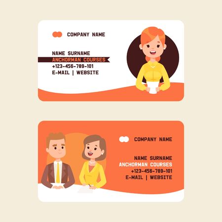 Anchorman securities stock courses business cards vector illustration. Breaking news on Television. TV presenters man and woman. News announcers with paper script on news desk in studio. Contact information. Email.のイラスト素材