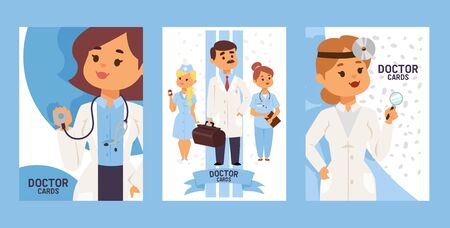 Team of doctors and other hospital workers set of cards vector illustration. Otorhinolaringologist physician with equipment. Man with case. Nurse holding medicine. Medical staff people in uniform.のイラスト素材