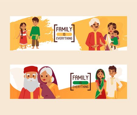 Family is everything set of banners vector illustration. Big happy indian family in national dress. Parents, grandparents and children cartoon characters. Family generations standing togetherのイラスト素材