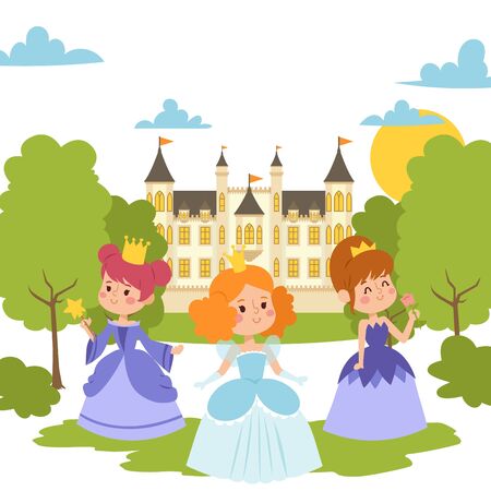 Princess girls in evening gowns banner vector illustration. Elegant little female characters in flat style. Fashionable ladies in dresses with crowns, fairytale costumes.のイラスト素材