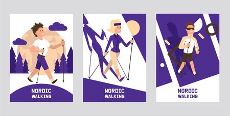 Nordic walking supplies people leisure sport time cards vector illustration. Active nordwalk man and woman summer exercise. Outdoor fitness active characters. Trekking friends walker jogging person.のイラスト素材