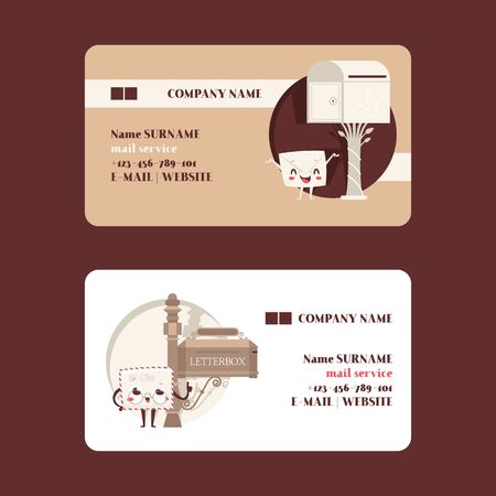 Mail box envelope vector business card post mailbox postal mailing letterbox illustration. Postboxes design for delivery mailed letters sending in envelopes. Classic correspondence presentation.のイラスト素材